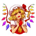  apple ascot blonde_hair flandre_scarlet food fruit hat holding looking_at_viewer mob_cap open_mouth puffy_short_sleeves puffy_sleeves red_eyes short_sleeves side_ponytail simple_background smile solo toriaezu_shouyu touhou upper_body white_background wings 