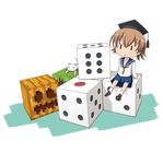  :3 bad_id bad_pixiv_id brown_hair cat dice error_musume hat kantai_collection lying mary_janes minecraft on_stomach pumpkin school_uniform serafuku shira-nyoro shoes short_hair sitting solid_oval_eyes solo tassel triangle_mouth white_cat white_legwear 