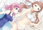  2girls bikini blue_eyes breasts brown_hair frown hamashima_shigeo kotabe_sakurako medium_breasts mori_nagomi multiple_girls navel oyogimasen. pink_hair purple_eyes ribbon school_swimsuit swimsuit twintails 