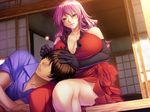  1boy 1girl aoi_nagisa_(artist) breasts character_request cleavage dress ear_cleaning elbow_gloves game_cg gloves houjou_miyoko lap_pillow large_breasts mimikaki okaa-san_ga_ippai pink_hair red_eyes smile source_request willow_soft 