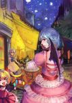  &gt;_&lt; absurdres bat_(concon911) cafe_terrace_at_night closed_eyes dress fine_art_parody flandre_scarlet highres izayoi_sakuya looking_at_viewer looking_back multiple_girls parody remilia_scarlet touhou vincent_van_gogh_(style) 