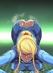  1girl aftersex angry ass bent_over blonde_hair blush bodysuit breast_press breasts broken_rape_victim clenched_teeth cum cum_on_body cum_on_lower_body green_eyes gureko_rouman highres large_breasts long_hair looking_away metroid nintendo no_panties ponytail saliva samus_aran simple_background solo sweat tears teeth torn_clothes zero_suit 