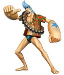  1boy 3d blue_hair cyborg franky full_body hawaiian_shirt male male_focus official_art one_piece one_piece:_pirate_warriors open_mouth shirt simple_background solo standing tattoo 
