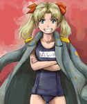  balalaika_(black_lagoon) black_lagoon blonde_hair blue_eyes crossed_arms flat_chest grin gunbuster_pose hair_ribbon jacket_on_shoulders long_coat long_hair military mimiyama_kiichi mole mole_under_eye one-piece_swimsuit parody ribbon school_swimsuit smile solo swimsuit top_wo_nerae! twintails younger 