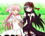  :d akemi_homura akuma_homura argyle argyle_legwear bangs bare_shoulders black_gloves black_hair blush bow cadsensei choker dancing dress elbow_gloves eye_contact eyebrows_visible_through_hair gloves hair_bow kaname_madoka long_hair looking_at_another mahou_shoujo_madoka_magica mahou_shoujo_madoka_magica_movie meadow multiple_girls open_mouth outdoors pink_hair purple_eyes smile spoilers thighhighs two_side_up ultimate_madoka very_long_hair white_dress white_gloves yellow_eyes yuri zettai_ryouiki 