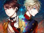  aldnoah.zero bad_id bad_pixiv_id blood blood_on_face brown_hair choker green_eyes kaizuka_inaho matsunaka_hiro multiple_boys necktie pink_eyes school_uniform short_hair silver_hair slaine_troyard throat_microphone uniform upper_body 