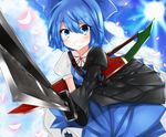  advent_cirno armor asymmetrical_clothes bad_id bad_pixiv_id blue_dress blue_eyes blue_hair blue_sky cirno cloud commentary_request day dress gloves grin looking_at_viewer petals puffy_short_sleeves puffy_sleeves rok_(guitar0706) shirt short_sleeves single_glove sky smile solo sun sword touhou weapon 