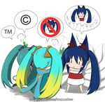  3girls ahri angry animal_ears chibi crossover fox_ears fox_tail hatsune_miku league_of_legends leek multiple_girls sona_buvelle spring_onion tail vocaloid 