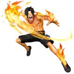  1boy 3d abs fire full_body jewelry male male_focus necklace official_art one_piece one_piece:_pirate_warriors portgas_d_ace shorts simple_background solo tattoo thigh_strap topless 