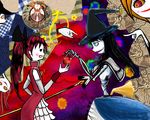  akemi_homura apple bare_shoulders black_hair clara_dolls_(madoka_magica) detached_sleeves food fruit green_eyes hat highres homulilly long_hair magical_girl mahou_shoujo_madoka_magica mahou_shoujo_madoka_magica_movie melt_(pixiv6025464) multicolored multicolored_eyes multiple_girls polearm ponytail red_eyes red_hair ringed_eyes sakura_kyouko shaft sharp_teeth skeletal_arm solid_circle_eyes spear spoilers teeth weapon witch_(madoka_magica) witch_hat 