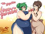  2girls agawa_ryou alcohol breasts brown_eyes brown_hair champagne emerald_(sprite37) fat gigantic_breasts glass green_hair happy_birthday hips huge_breasts jyazue_kirihara milf multiple_girls plump red_eyes thick_thighs thighs wide_hips 