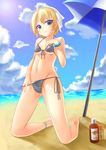  :3 beach bikini bikini_pull blonde_hair blue_eyes bottle cameltoe day from_below highres kirisame_mia lotion original pulled_by_self short_hair solo sunscreen swimsuit umbrella 