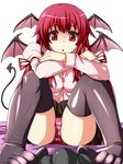  black_legwear breasts bulge cleavage collaboration colorized demon_tail footjob head_wings highres koakuma long_hair medium_breasts mini_wings panties pantyshot pantyshot_(sitting) red_eyes red_hair red_panties samuimu sitting solo_focus striped striped_panties tail thighhighs toes touhou transparent_background underwear wings yagami_(mukage) 