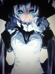  black_gloves blue_eyes blurry bodysuit canvas_(medium) close-up gloves glowing glowing_eyes hat kantai_collection kino_ko looking_at_viewer pale_skin scan shinkaisei-kan smile solo standing traditional_media upper_body white_hair wo-class_aircraft_carrier 