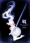  blue_eyes dress highres long_hair lyrics myrtenaster ponytail rapier ripples rwby scar silversirius solo sword very_long_hair weapon weiss_schnee white_hair 