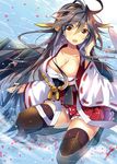  akishima_kei bad_id bad_pixiv_id boots breasts brown_hair cleavage haruna_(kantai_collection) japanese_clothes kantai_collection large_breasts long_hair looking_at_viewer nontraditional_miko petals skirt solo thigh_boots thighhighs very_long_hair water yellow_eyes zettai_ryouiki 