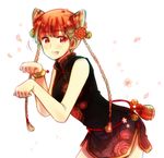  :d animal_ears arched_back bell blush bracelet braid cat_ears cat_tail china_dress chinese_clothes dress fang floral_print flower hair_flower hair_ornament jewelry jingle_bell leaning leaning_forward motion_lines open_mouth orange_hair original paw_pose petals red_dress red_eyes rosel-d short_hair simple_background smile solo tail white_background 