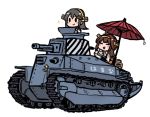  2girls ahoge brown_hair character_name chibi cup double_bun eyes_closed grey_hair ground_vehicle hair_ornament hairclip haruna_(kantai_collection) headgear holding holding_cup holding_saucer kantai_collection kongou_(kantai_collection) long_hair military military_vehicle motor_vehicle multiple_girls nontraditional_miko oriental_umbrella picnic_basket simple_background sparkle tank teacup terrajin type_89_i-gou umbrella white_background 