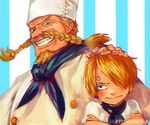  2boys blonde_hair chef chef_hat east_blue facial_hair hat male male_focus multiple_boys mustache one_piece sanji tsuyomaru younger zeff 