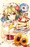  alternate_costume breasts cake chocolate corset flower food fruit green_hair hair_flower hair_ornament hairband kaio_(watagami) kazami_yuuka large_breasts petals red_eyes short_hair smile solo strawberry sunflower thorns touhou 