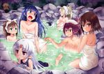  6+girls :o ahoge barefoot blue_hair breasts brown_hair chestnut_mouth feet grin hilda_(under_night_in-birth) huge_ahoge huge_breasts hyde_(under_night_in-birth) large_breasts linne long_hair looking_at_viewer merkava_(under_night_in-birth) multiple_boys multiple_girls nanase_(under_night_in-birth) ono_misao onsen orie_(under_night_in-birth) peeping ponytail purple_eyes rock school_swimsuit small_breasts smile steam sweatdrop swimsuit towel under_night_in-birth vatista water yuzuriha_(under_night_in-birth) 