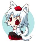  animal_ears bare_shoulders bone chibi detached_sleeves hat holding inubashiri_momiji looking_at_viewer looking_back nekokichi pom_pom_(clothes) red_eyes short_hair silver_hair simple_background sitting solo tail tail_wagging tokin_hat touhou white_background wolf_ears wolf_tail 