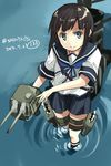  bad_id bad_pixiv_id black_hair blue_eyes dated fubuki_(kantai_collection) highres kantai_collection kneehighs looking_at_viewer machinery pleated_skirt sahuyaiya school_uniform serafuku skirt smile solo twitter_username uniform water weapon 