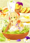  blonde_hair braid cup dress drinking_glass drinking_straw flower food fork fruit glass green_eyes in_bowl in_container in_food leaf long_hair milk minigirl original parfait plant salad sitting smile solo 