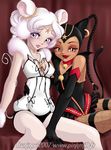  2girls animal_ears bell bells bishoujo_senshi_sailor_moon bishoujo_senshi_sailor_moon_sailor_stars black_hair blush breasts cat_ears cat_tail cleavage clevage dark_skin earmuffs gloves grey_eyes hand_on_hip hug make_up makeup mouse_ears mouse_tail multiple_girls net_stockings sailor_iron_mouse sailor_tin_nyanko stockings tail thighhighs twintails white_hair yellow_eyes yuri 