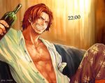  1boy amputee bottle capri_pants couch drinking male_focus one_piece open_clothes open_shirt pants patterned_legwear red_hair scar shanks shirt sitting smile tsuyomaru 