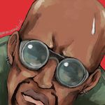  bald black_lagoon dark_skin dark_skinned_male dutch_(black_lagoon) earrings glasses jewelry lips looking_at_viewer mimiyama_kiichi round_eyewear sunglasses sweatdrop twitter_username very_dark_skin 