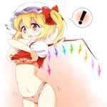  1girl ass_shake blonde_hair blush bow bra flandre_scarlet hair_bow haruki_(colorful_macaron) hat highres hot mob_cap motion_lines navel open_mouth panties red_eyes short_hair side_ponytail solo spoken_exclamation_mark striped striped_panties sweat tareme touhou underwear undressing wings 