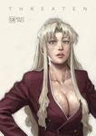  azasuke balalaika_(black_lagoon) black_lagoon blonde_hair blue_eyes breasts cleavage collarbone cover cover_page doujin_cover formal hands_on_hips highres jacket large_breasts lips lipstick long_hair makeup mole mole_under_eye nose ponytail realistic scar sidelocks solo suit 