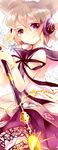  azuma_aya bow bracelet brown_hair dress earmuffs floral_background jewelry looking_at_viewer lowres pointy_hair purple_eyes short_hair sleeveless smile solo sword touhou toyosatomimi_no_miko weapon 