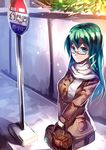  alternate_costume bag bespectacled breasts bus_stop casual contemporary frog_button glasses green_hair hair_ornament highres jacket kochiya_sanae large_breasts long_hair long_sleeves red-framed_eyewear scarf skirt snake_hair_ornament solo touhou uu_uu_zan v_arms wall 