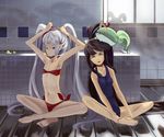  :3 alternate_hairstyle animal_ears bathroom bathtub bikini black_hair blue_eyes bunny_ears dripping flat_chest fujiwara_no_mokou hakutaku horn_ribbon horns houraisan_kaguya inaba_tewi long_hair multiple_girls one-piece_swimsuit pink_eyes ponytail ribbon rubber_duck side-tie_bikini sidelocks silhouette skinny sukusuku_hakutaku swimsuit touhou traghetto twintails very_long_hair wet white_hair window wooden_floor 