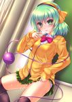  adapted_costume akatsuki_shimeji bad_id bad_pixiv_id black_legwear blush breasts cellphone green_eyes green_hair hair_ribbon komeiji_koishi open_mouth panties phone pussy_juice ribbon short_hair skirt small_breasts solo thighhighs third_eye touhou underwear 