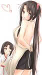 apron back bare_back black_hair breasts brown_eyes commentary_request halterneck highres japanese_clothes kantai_collection large_breasts long_hair looking_back miniskirt mother_and_daughter multiple_girls pleated_skirt ponytail ribbon saku_(kudrove) shouhou_(kantai_collection) sideboob skirt very_long_hair waist_apron younger 