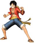  1boy 3d full_body male male_focus monkey_d_luffy official_art one_piece one_piece:_pirate_warriors open_clothes open_shirt sandals sash scar shirt shorts simple_background solo 