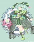  aqua_eyes aqua_hair arm_warmers astaroth_(p&amp;d) black_bow black_legwear blush bow cauchemar_(p&amp;d) chestnut_mouth creature demon_girl demon_horns frilled_bow frilled_shawl frills full_body green_background green_bloomers green_bow hair_ornament hairband hat highres holding holding_pillow horns jester_cap mitsukan_(maitaro22) open_mouth pillow puffy_pants purple_bow puzzle_&amp;_dragons shawl short_hair slippers solo text_focus twitter_username 