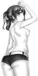  arm_up ass back belt breasts character_request copyright_request from_behind greyscale looking_at_viewer looking_back medium_breasts mokyu monochrome nipples ponytail short_hair short_ponytail short_shorts shorts solo topless 