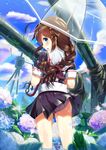  ahoge blue_eyes blush braid brown_hair day flower from_behind hair_ornament hydrangea kantai_collection long_hair looking_at_viewer looking_back open_mouth panties pantyshot qian_wu_atai remodel_(kantai_collection) shigure_(kantai_collection) single_braid sky solo transparent transparent_umbrella umbrella underwear untied wading water wet 