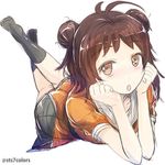  antenna_hair brown_eyes brown_hair double_bun full_body head_rest kantai_collection looking_at_viewer lying naka_(kantai_collection) no_shoes on_stomach open_mouth orange_eyes short_hair simple_background sketch skirt socks solo sts twitter_username white_background 