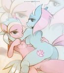  2014 aloe_(mlp) anthro anthrofied blue_eyes blue_hair breasts cutie_mark duo earth_pony equine female fmlae friendship_is_magic hair hairband horse looking_at_viewer looking_back lotus_(mlp) lying mammal my_little_pony nipples nude pink_hair pony pussy 