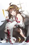  ahoge bare_shoulders brown_hair cannon cat commentary_request detached_sleeves headgear hot kantai_collection kongou_(kantai_collection) long_hair nontraditional_miko sino_(sionori) solo squatting sweat twitter_username 
