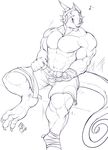  2014 abs anthro bandage bulge clothing headphones hindpaw horn invalid_tag lizard male muscles music navel nipples open_mouth paws pecks plain_background reptile scalie shorts smile solo sound teeth wraps 