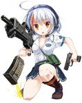  ahoge airsoft assault_rifle bag breasts cleavage collarbone dual_wielding g36 gun h&amp;k_usp handgun headset heckler_&amp;_koch holding magazine_(weapon) medium_breasts nanaroku_(fortress76) one_knee open_mouth original pistol pleated_skirt rifle school_uniform shirt short_sleeves silver_hair simple_background skirt solo squatting trigger_discipline weapon white_background 