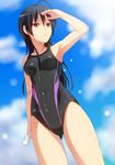  :o bad_id bad_pixiv_id black_hair chuunibyou_demo_koi_ga_shitai! competition_swimsuit covered_navel long_hair one-piece_swimsuit red_eyes shading_eyes shiwasuzuki solo swimsuit takanashi_touka 