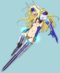  arm_blade bad_id bad_pixiv_id blazblue blonde_hair blue_eyes breasts center_opening crotch_plate forehead_protector highres long_hair mecha_musume mu-12 navel no_feet oomura_(blau89blau) pauldrons small_breasts solo underboob weapon 