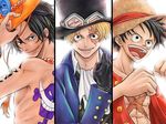  3boys black_hair blonde_hair brothers cravat freckles gloves goggles goggles_on_hat hand_on_hat hand_on_headwear hat jewelry jolly_roger monkey_d_luffy multiple_boys natsuki_(natuki18902) necklace one_piece open_mouth pirate portgas_d_ace red_shirt sabo_(one_piece) scar shirt siblings smile stampede_string straw_hat tattoo topless trio 